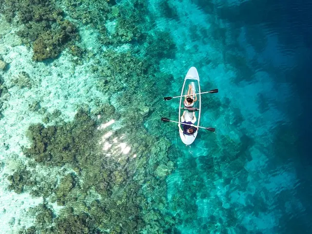An aerial view of two person on a boat